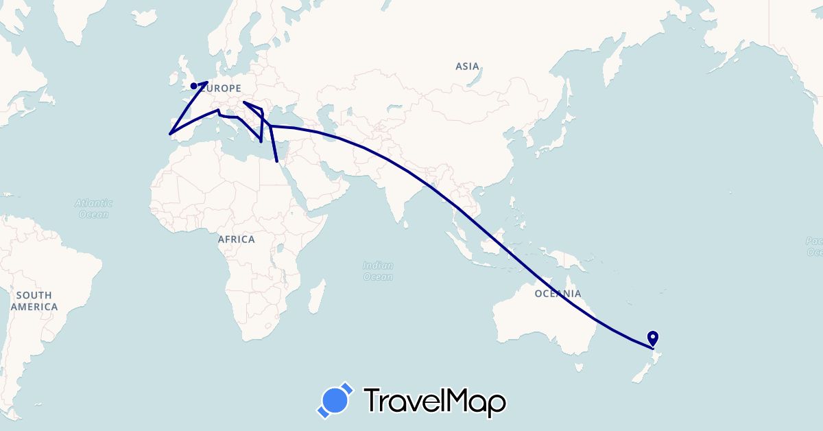 TravelMap itinerary: driving in Egypt, United Kingdom, Greece, Croatia, Hungary, Italy, Netherlands, New Zealand, Portugal, Romania, Thailand, Turkey (Africa, Asia, Europe, Oceania)